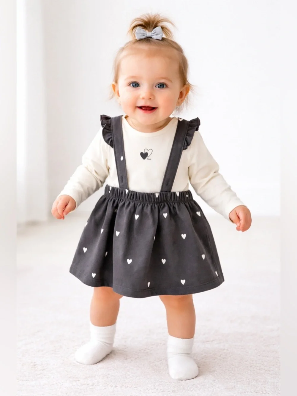 H&M Baby Girl Outfit 9M Heart Suspender Skirt Set Long Sleeve Cute‎